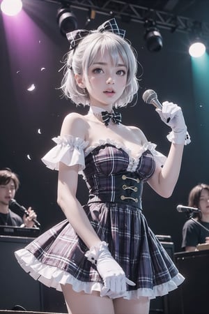 (masterpiece), best quality, high resolution, highly detailed, detailed background, cinematic lighting,  looking_at_viewer, 1girl, silver hair, medium hair, medium breasts, purple eyes, idol, purple white idol clothes, underbust, stage, glowstick, stage lights, music, blush, heavy_breathing, sweat, concert, white frilled gloves, frilled microskirt, frill, confetti, heart, hair ornament, hair bow, gemstone, jewelry, neon lights, plaid bow, plaid shirt, pointing, spotlight, sparkle, light particles, framed breasts, cross-laced,center frills,off shoulder