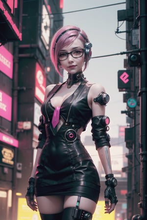 (masterpiece), best quality, high resolution, highly detailed, detailed background, perfect lighting, 1girl, pink hair, short hair, slender, medium breasts, smile, blush,  glasses, jacket, short dress, necktie, between_breasts, pantyhose, (cyberpunk:1.4), street, night, city, outdoor, sci-fi, futuristic clothes, 