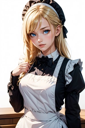 l0ngma1d, long sleeves, bow, apron, maid, frilled apron,  1girl, cute, long hair, blonde hair, blue eyes, ,masterpiece, best quality,  white background,
