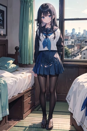 A young female student, 16 years old, (long black hair), Japanese JK uniform, blue skirt, black pantyhose, slender legs, bedroom location, watercolor, large windows, a small town in the background,