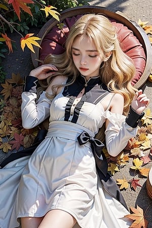 1girl, dress, autumn_leaves, closed_eyes, solo, white_dress, autumn, long_sleeves, on_back, lying, outdoors, parted_lips, closed_mouth, bangs, blush, eyebrows_visible_through_hair, blonde_hair, leaf, tree, sleeping