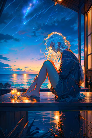 (NSFW:1.2),
Bar in the sky, 1girl, beautiful, solo, alone, sitting at bar counter, from side, drinking, 
(detail face:1.3), (detail eyes:1.3), (bright white middle hair:1.3), 
bare legs, bare foot, 
(ocean:1.3), candles, starry sky, shooting stars, masterpiece, best quality, ultra detailed,bar,rotenburo
