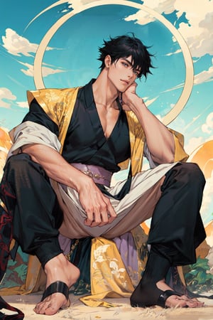 anime character with black hair and blue eyes sitting in the middle of the sky, handsome guy in demon slayer art, hijikata toushirou, beautiful male god of death, handsome japanese demon boy, hijikata toushirou of gintama, full body xianxia, Xia Shuwen, full art illustration, inspired by Ren Xiong, young shadow mage male, official character illustration, inspired by Xia Shuwen, tall anime guy with blue eyes, male anime character, ( ( god king of ai art ) ), xianxia fantasy, full art, manhwa, anime handsome man, keqing from genshin impact