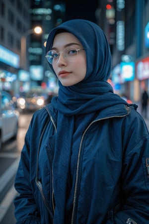 A cinematic, extreme close-up portrait of a young Muslim woman in an urban night scene. The shot is from an eye-level angle, slightly tilted to focus on her face and upper body. She wears a sleek, long blue hijab, paired with round vintage-style glasses and a dark blue knitted beanie. Her outfit consists of a layered blue winter zipper jacket over a hoodie, exuding a casual streetwear vibe. Soft, diffused lighting casts cool-toned highlights across her face and hair, with gentle shadows adding depth to her features. In the background, the cityscape is blurred into a bokeh of blue and white lights, enhancing the urban feel. The color palette is cool and moody, with dominant shades of blue, gray, and silver, creating a calm, mysterious, and subtly futuristic atmosphere. N4jku