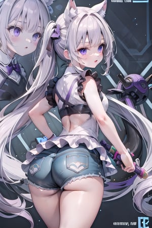 CATMAID girl, purple and white top , booty shorts , white hair, purple pony tail 