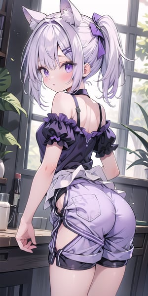 CATMAID girl, purple and white top , booty shorts , white hair, purple pony tail , 