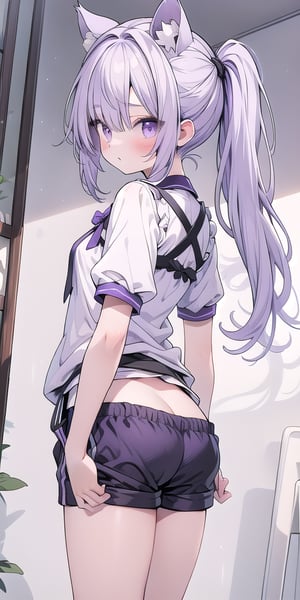 CATMAID girl, purple and white top , booty shorts , white hair, purple pony tail , 