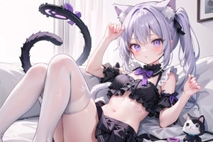 CATMAID girl, purple crop top 2 strap,  white hair, purple long pony tail , but plug cat tail , 