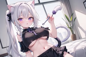 CATMAID girl, purple crop top 2 strap,  white hair, purple long pony tail , but plug cat tail , 30 year old , big round boobs