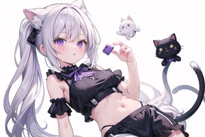 CATMAID girl, purple crop top 2 strap,  white hair, purple long pony tail , but plug cat tail , 