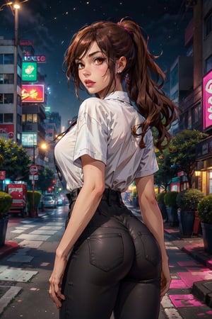 (masterpiece, best quality, 4k, detailed, intricate, realistic),outside,modern city street,night,neon lights,bokeh,depth of field,1girl,big booty,pink IncursioDipDyedHair,black hair,ponytail,high-waist pants,looking at viewer,shirt,Hori