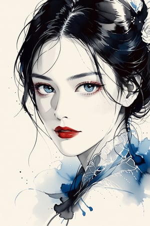 pencil Sketch of a beautiful mature woman 20 years old, with black hair, brown eyes, dark-red lips, alluring, portrait by Charles Miano, ink drawing, illustrative art, soft lighting, detailed, more Flowing rhythm, elegant, low contrast, ((1/3 upper body)), add soft blur with thin line, red lipstick, blue eyes.,aesthetic portrait,hubggirl,ink