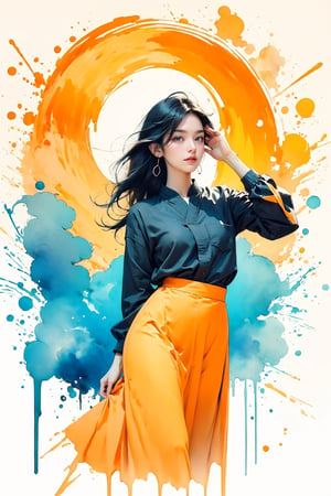 extreme detailed, (masterpiece), (top quality), (best quality), (official art), (beautiful and aesthetic:1.2), (stylish pose), (1 woman), (colorful), (orange-white theme: 1.5), ppcp, medium length skirt, 	looking into distance, long wave black hair, 
perfect,ChineseWatercolorPainting,Chromaspots