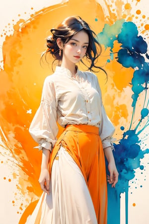 extreme detailed, (masterpiece), (top quality), (best quality), (official art), (beautiful and aesthetic:1.2), (stylish pose), (1 woman), (colorful), (orange-white theme: 1.5), ppcp, medium length skirt, 	looking into distance, long wave black hair, 
perfect,ChineseWatercolorPainting,Chromaspots,fairy