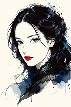 pencil Sketch of a beautiful mature woman 20 years old, with black hair, brown eyes, dark-red lips, alluring, portrait by Charles Miano, ink drawing, illustrative art, soft lighting, detailed, more Flowing rhythm, elegant, low contrast, ((1/3 upper body)), add soft blur with thin line, red lipstick, blue eyes.,aesthetic portrait,hubggirl,ink