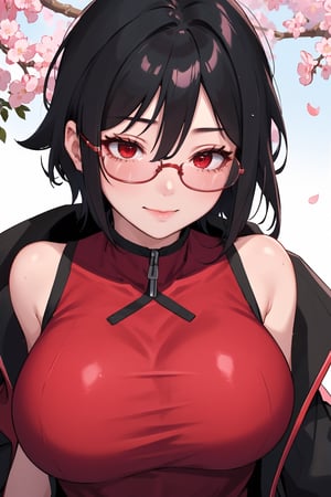 
Highly detailed.High Quality.Masterpiece. Beaitiful (close-up).

Young woman, 25 years old,tall, Similar to Sarada, light skin and good physical condition. She has big chest. Her hair is black, and short. She has big red eyes and She has red glasses. She is wearing a red sleeveless qipao shirt with a Black jacket. She is alone but with a slight simile in her face,  in a Sakura forest full of live.