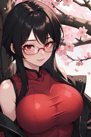 
Highly detailed.High Quality.Masterpiece. Beaitiful (close-up).

Young woman, 25 years old,tall, Similar to Sarada, light skin and good physical condition. She has big chest. Her hair is black, and short. She has big red eyes and She has red glasses. She is wearing a red sleeveless qipao shirt with a Black jacket. She is alone but with a slight simile in her face,  in a Sakura forest full of live.