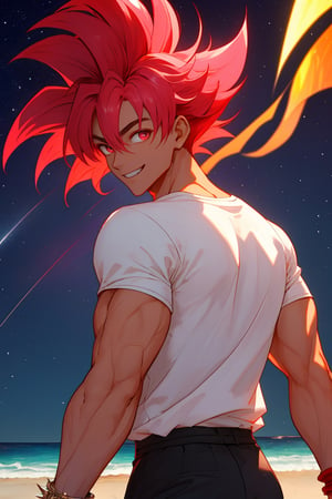 
Highly detailed.High Quality.Masterpiece. Beaitiful (nedium close-up).

Young man of 20 years old, brown skin, tall and with a great physique (muscular). His hair is reddish-pink (more red then pink), curly, short, and has a spiky hairstyle similar Goku's, with two strands sticking out from the back of his head. It has large eyes (well detailed) and a light red color. He wears a short res t-shirt with some black details, blue bracelets and black pants. He is alone, but with a happy smile on his face enjoying a beautiful starry sky on a beach.