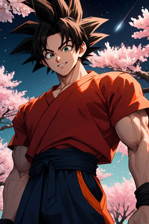 
Highly detailed.High Quality.Masterpiece. Beaitiful (mid shot).

Young man of 20 years old, dark skin, tall and with a great physique (muscular). His hair is light red, curly, short, and has a spiky hairstyle (similar to Goku's, but not Goku), with two strands sticking out from the back of his head. He has large eyes (well detailed) and light turquoise color. He wears a short red shirt with some white details, white bracelets and black pants. He is alone, but with a happy smile on his face enjoying a beautiful starry sky in a cherry forest (Sakura trees).