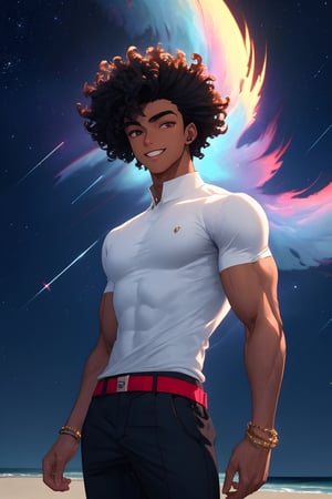
Highly detailed.High Quality.Masterpiece. Beaitiful (mid shot).

Young man of 20 years old, dark skin, tall and with a great physique (muscular). His hair is black, curly, short (very short), with two strands coming out of the back of his head. It has large eyes (well detailed) and light blue. He wears a short shirt of red color, blue bracelets and black pants. He is alone, but with a happy and calm smile on his face enjoying a beautiful starry sky on a beach.