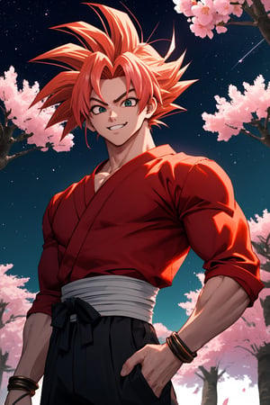 
Highly detailed.High Quality.Masterpiece. Beaitiful (mid shot).

Young man of 20 years old, dark skin, tall and with a great physique (muscular). His hair is reddish-pink, curly, short, and has a spiky hairstyle (similar to Goku's, but not Goku), with two strands sticking out from the back of his head. He has large eyes (well detailed) and light turquoise color. He wears a short red shirt with some white details, white bracelets and black pants. He is alone, but with a happy smile on his face enjoying a beautiful starry sky in a cherry forest (Sakura trees).