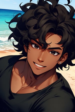 
Highly detailed.High Quality.Masterpiece. Beaitiful (mis close-up).

Young man of 20 years old, dark skin, tall and with a great physique (muscular). His hair is black, curly, messy and short (very short). He has large, light black eyes. He wears a short gray t-shirt and black pants. He is alone, but with a happy smile on the beach.