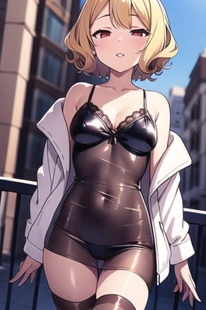 masterpiece, best quality,1girl,solo,short hair,curly hair,blonde hair,see-through camisole,see-through dress,brown stockings,off-shoulder jacket,white jacket,lace-trimmed thighhighs,thigh gap,public tattoo,red lips,