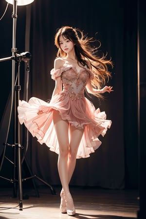 1 girl (full body), (detailed beautiful eyes and detailed face, masterpiece side light, masterpiece, best quality, detailed, high resolution illustration,realistic, sharp focus, cinematic lighting, extremely detailed, epic), An 18-year-old Japanese girl dances alone in a dimly lit studio wearing a ballet costume, her movements reflected in the soft spotlight. This scene highlights her dedication and artistic loneliness, echoing themes of personal growth in Iwai Shunji's work. The atmosphere of the scene is captured with a high graininess reminiscent of ISO 800 film.,More Detail