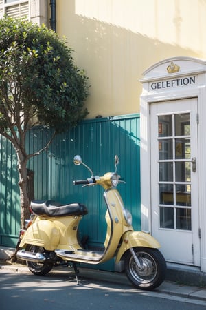 Generate a charming scene featuring a skyblue vintage-style scooter parked in front of an aesthetic wall, adjacent to a yellow telephone box, illuminated by the warm sunlight. Envision a composition that exudes retro charm and vibrant colors, with tree shadows casting bokeh-like effects on the wall.  Vintage Yellow Scooter: Picture a classic yellow scooter with retro design elements, parked elegantly in front of the aesthetic wall. Capture the details of its sleek curves and chrome accents, evoking nostalgia for a bygone era.  Aesthetic Wall and Telephone Box: Surround the scooter with an aesthetic wall adorned in vibrant colors or artistic graffiti, complemented by a yellow telephone box nearby. Highlight the contrast between the vintage elements and the modern urban backdrop.  Warm Sunlight Illumination: Illuminate the scene with soft, warm sunlight, casting a golden glow over the scooter, wall, and telephone box. Enhance the atmosphere with the gentle play of light and shadow, creating a sense of warmth and nostalgia.  Tree Shadows Bokeh Effect: Create a bokeh-like effect on the wall with tree shadows, adding depth and texture to the composition. Let the dappled light dance across the surface, enhancing the vintage ambiance of the scene.