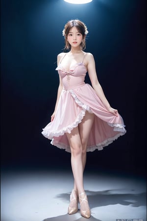 1 girl (full body), (detailed beautiful eyes and detailed face, masterpiece side light, masterpiece, best quality, detailed, high resolution illustration,realistic, sharp focus, cinematic lighting, extremely detailed, epic), An 18-year-old Japanese girl dances alone in a dimly lit studio wearing a ballet costume, her movements reflected in the soft spotlight. This scene highlights her dedication and artistic loneliness, echoing themes of personal growth in Iwai Shunji's work. The atmosphere of the scene is captured with a high graininess reminiscent of ISO 800 film.