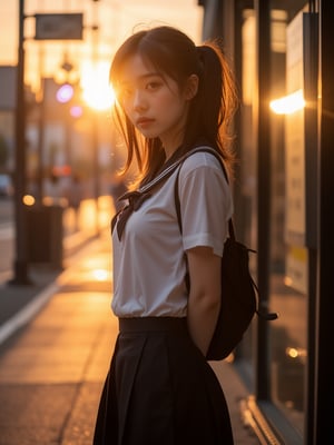 A beautiful and cute japanese schoolgirl, wearing schoolgirl suit, standing and waiting for the bus on bust station, city street, side view, evening time, backlight sunset,
her silhouette illuminated by a warm backlight. The hot light from behind creates a soft, golden glow around her figure, highlighting the curves of her body in a delicate and sensual manner. hyper realistic, ultra sharp focus, distance photo taken, taken with Sony 24mm f/2.8 lens,

(masterpiece:1.3), (8k, photorealistic, RAW photo, best quality: 1.4), (1girl), beautiful face, (realistic face), beautiful hairstyle, realistic eyes, beautiful detailed eyes, (realistic skin), beautiful skin, clean skin, ultra high res, ultra realistic, hightly detailed, golden ratio, K_GIRL