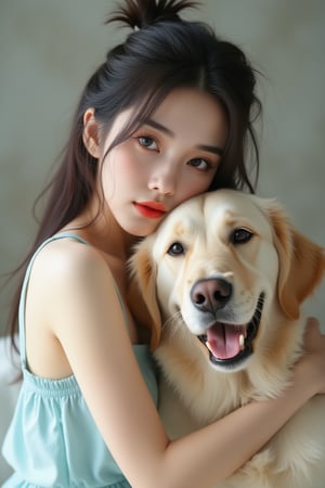 Cinematic portrait of a beautiful young sexy Korean girl with messy dark hair and pale brown eyes, hugging a large Golden Retriever. She has vibrant red moist lips and wears a pastel blue sundress. Golden Retriever's show happy face and smile. Soft, diffused lighting creates a dreamy atmosphere. The neutral, slightly textured background emphasizes the intimate composition, capturing a close moment of connection between the girl and the Golden Retriever