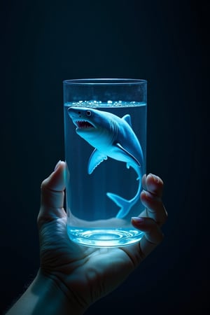 A realistic Asian man's hand holding a clear glass with glowing blue water, a large, lifelike shark with an open mouth swimming inside, in a very dark room. The hand and glass are highlighted with stunning lighting, creating a dramatic contrast. Depth of field emphasizes the glass, with ultra-sharp focus on the glowing water and shark. Highly detailed textures and reflections, capturing every intricate detail.