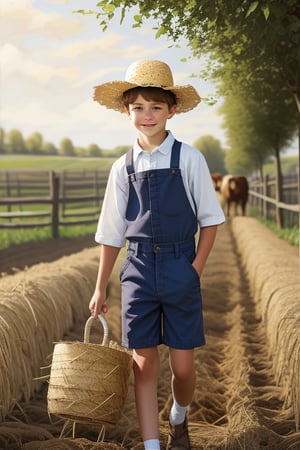 Realistic oil painting of an Amish preteen boy wearing a straw hat and shorts, doing farm chores, by Johannes Vermeer, intricate details in the clothing and surroundings, soft natural lighting, traditional farming techniques depicted in a beautiful and timeless style.,1boy,photorealistic