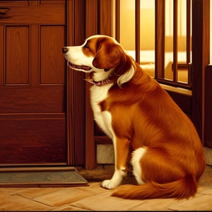 Realistic oil painting of a loyal dog sitting at a doorstep, by Jim Daly, intricate details in fur and expression, soft lighting from the setting sun, warm colors, long shot perspective to capture the dog's surroundings.