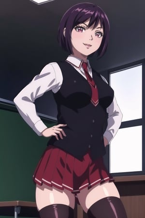 ((masterpiece))  ((high quality)) 
((beautiful details)),(( perfect focus)), (( high resolution)), ((exquisite texture in every detail)),art digital,
1girl,((s3ct)),solo ,short hair,  medium breats, , legs,slim, ((dark purple hair )),pink eyes,mature, legs, whole body, shiny skin,shiny hair,smile, happy, standing
sunny
windows
indoors
classroom
white_shirt, long sleeves, ((red pleated skirt)), uniform, ((black thigh highs)), long sleeves, classroom, red tie, brown shoes, ((black_vest)),((
cowboy shot))
((sexy pose))