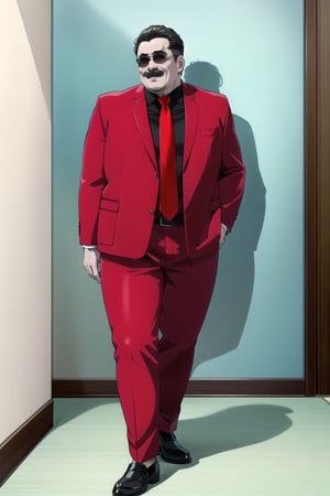 ((masterpiece))  ((high quality)) 
((beautiful details)),(( perfect focus)), (( high resolution)), ((exquisite texture in every detail)),(high quality:1.2), intricate detailed, digital art,
indoors

((1boy)) fat boy, oldman,  red jacket, black shirt ,red necktie, red pants, gray hair, black hair, moustache, black shoes, smile
standing
full body
indoors
