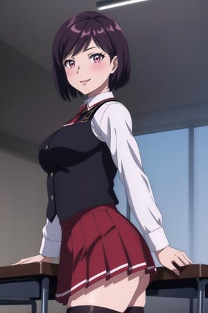 ((masterpiece))  ((high quality)) 
((beautiful details)),(( perfect focus)), (( high resolution)), ((exquisite texture in every detail)),art digital,
1girl,((s3ct)),solo ,short hair,  medium breats, , legs,slim, ((dark purple hair )),pink eyes,mature, legs, whole body, shiny skin,shiny hair,smile, happy, standing
sunny
windows
indoors
classroom
white_shirt, long sleeves, ((red pleated skirt)), uniform, ((black thigh highs)), long sleeves, classroom, red tie, brown shoes, ((black_vest)),((
cowboy shot))
blush
from side
((sexy pose))