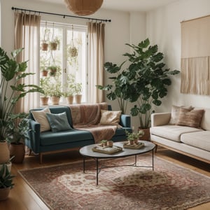 Living Room:

Bohemian living room with vibrant patterned textiles, layered rugs, eclectic artwork, and hanging plants bathed in soft sunlight.