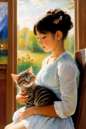 A heartwarming scene of a little girl feeding+ a kitten, captured in an oil painting style. The colors are vibrant and bold, giving the painting a lively feel. The artist has taken inspiration from the works of Mary Cassatt and Pierre-Auguste Renoir to create a realistic yet dreamlike depiction of this moment. The lighting is soft and diffused, adding depth to the painting. This piece would make for a beautiful addition to any art collection, with its intricate details and charming subject matter.