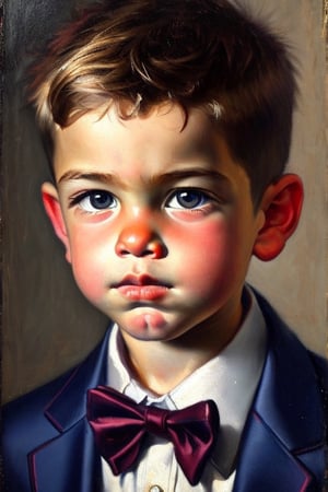 A closeup portrait of a young boy, wearing a suit with a white shirt. Oil painting.