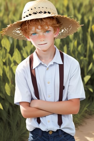 Amish 12-year-old boy, ginger messy hair, freckles, wearing a yellow straw hat. Green eyes and a serious, sobber expression.
