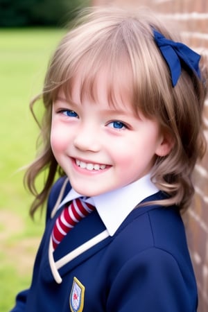 A 6-year-old girl wearing an English school uniform. Blonde  hair, big blue eyes, cheeky grin.