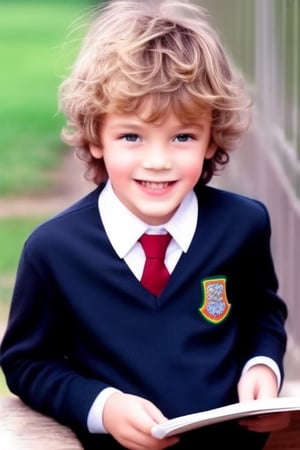 A 6-year-old boy wearing an English school uniform. Blonde very messy hair, cheeky grin.