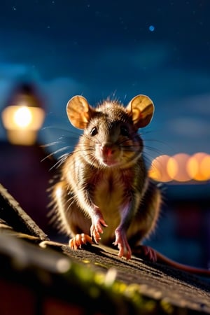 A realistic photo of a brown rat, rattus norvegicus, sitting on a rooftop at night.