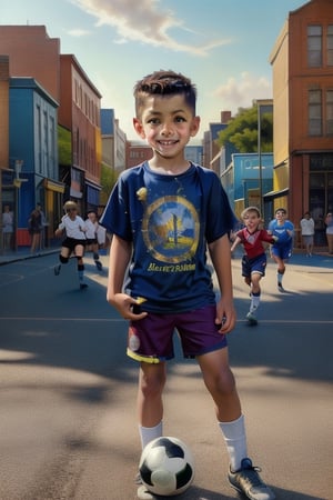 Highly detailed and realistic oil painting of a 7-year-old boy wearing a t-shirt, shorts, and sneakers while playing soccer. Messy hair styled in Rockwell's signature style. Vibrant colors and intricate details capture the innocence and joy of childhood. Long shot with a picturesque background reminiscent of Norman Rockwell's iconic artworks.