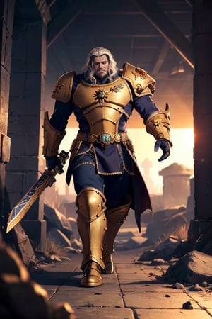 the emperor of mankind warhammer 40 k ,insertNameHere, beautiful men, golden light,4rmorbre4k,Gael golden armor, gigantic