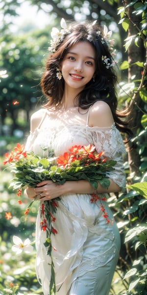 Best quality, masterpiece, ultra high res, (photorealistic:1.4), raw photo, 1girl, white dress, off shoulder, blossom flower field, glowing skin, light smile