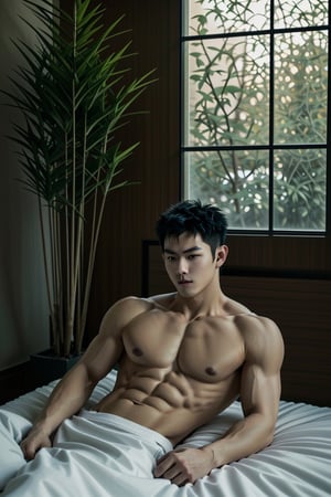 modern bedroom, japanese style interior, minimalistic, luscious greenery outside, setting sun, peaceful, tranquil, soft lighting, young chinese male sitting on the bed,MONSTERALPHA 