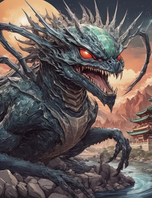 close up, (spider:1.5) and (crocodile:1) creature , magic, elemental_creature, a kaiju behemoth with nightmarish features , alien landscape.,Ukiyo-e,LegendDarkFantasy,sticker